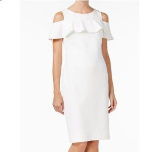 White Cold Shoulder Ruffle Midi Dress